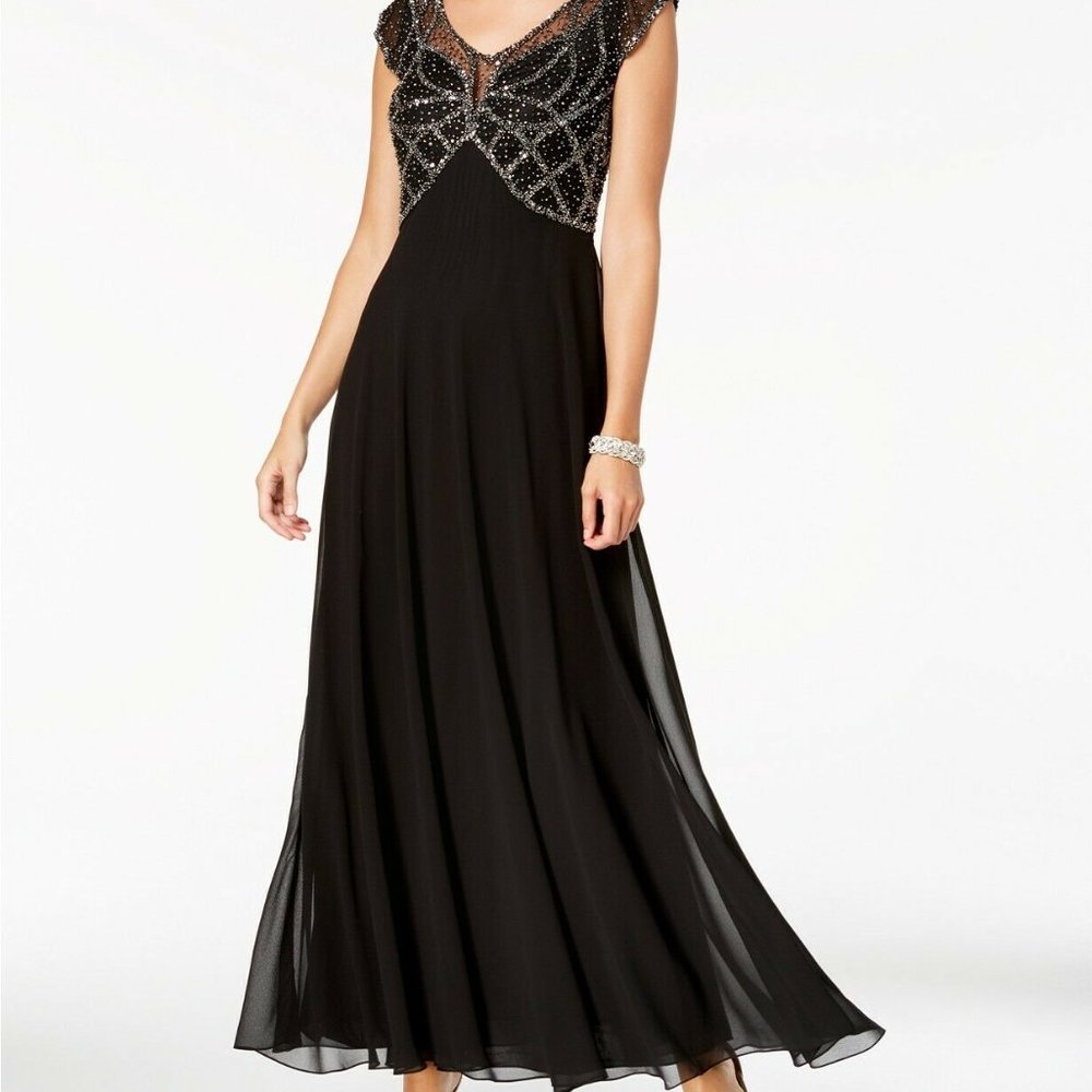 J KARA embellished Cap Sleeve Maxi Dress | Black Chiffon